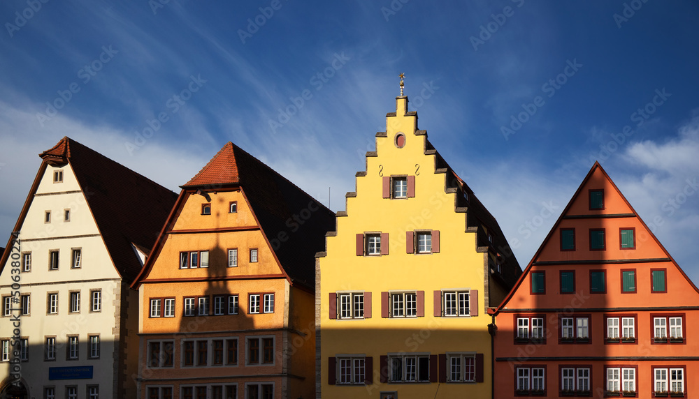 Rothenburg ob der Tauber, Germany. Houses with typical Old Town architecture (Marktplatz or Market Square) of the medieval city in Bavaria, detail view.