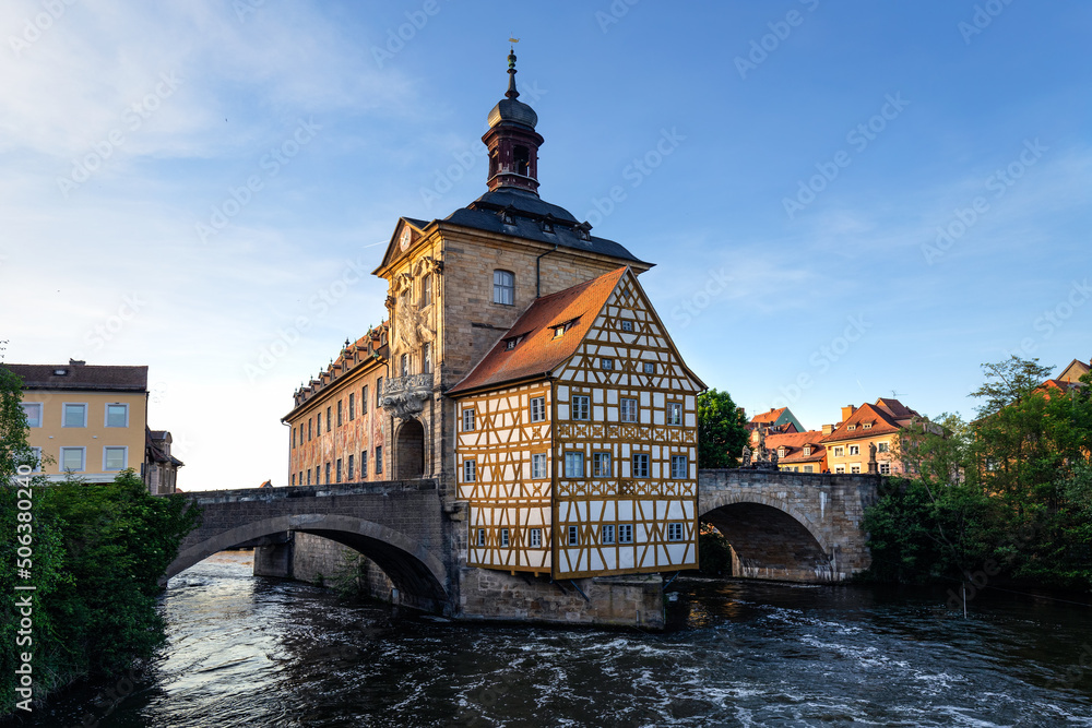 Germany, Bamberg in Bayern. View with townhall in traditional half-timbered style in old town.