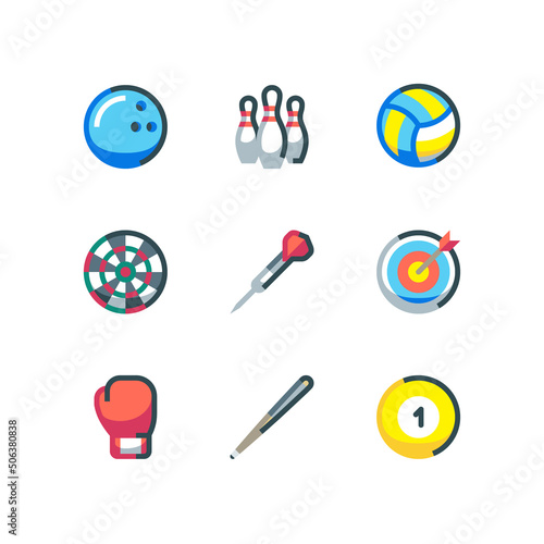Bowling and pool icon set with ball and dart icons