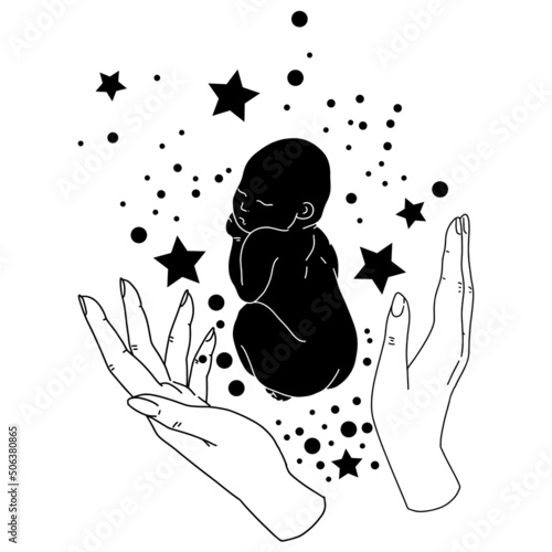 Vector illustration of a newborn baby in mother's hands. Sleeping baby for greeting cards, postcards, invitations, banners, illustrations, books, covers.