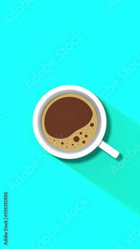 a white cup of coffee on turquoise background. long shadow from cup. invigorating drink. Vertical image. 3D image. 3D rendering.