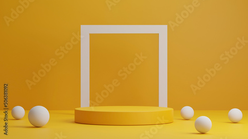 3D rendering of yellow podium with sphere on yellow background. Beautiful minimal scene for products display. Circle yellow stage with sphere ball in studio.