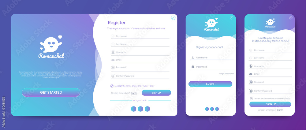 Set of Sign Up and Sign In forms. Blue gradient background with modern logo. Registration and login forms page. Professional web design, full set of elements. User-friendly design materials. Set of Sign Up and Sign In forms. Blue gradient background with modern logo. Registration and login forms page. Professional web design, full set of elements. User-friendly design materials.