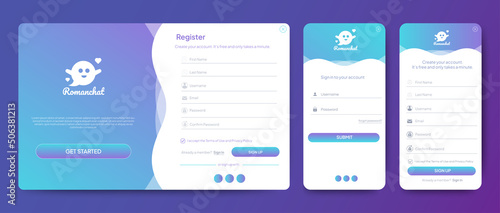 Set of Sign Up and Sign In forms. Blue gradient background with modern logo. Registration and login forms page. Professional web design, full set of elements. User-friendly design materials.