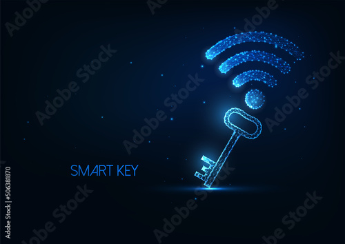 Futuristic smart key concept with glowing low polygonal key and wifi symbol isolated on dark blue