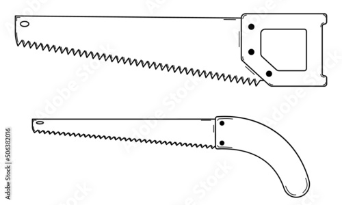 Hand drawn set of two hacksaws. Tool for cutting wood. Doodle style. Sketch. Vector illustration.