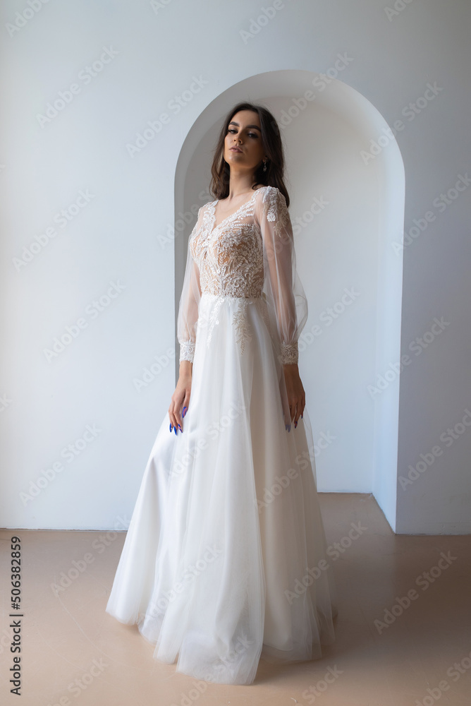 Beautiful woman wearing in luxurious long wedding dress. Concept of wedding hairstyle, makeup and accessories. Beautiful woman wearing in luxurious long wedding dress. Concept of wedding hairstyle, makeup and accessories.