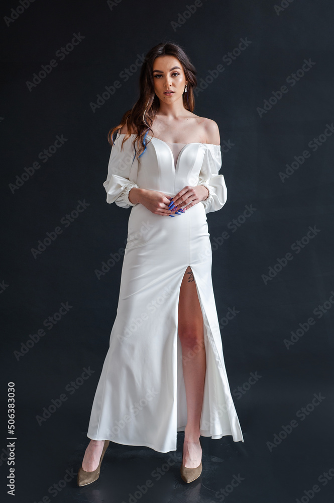 Beautiful bride perfect style. Wedding hairstyle make-up luxury wedding dress Beautiful bride perfect style. Wedding hairstyle make-up luxury wedding dress