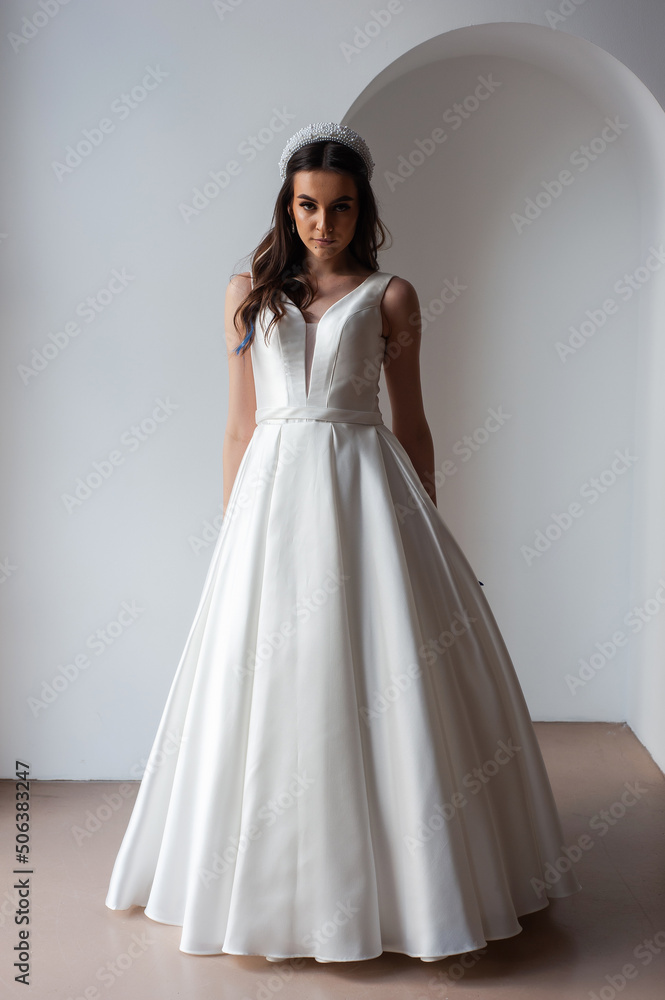 Beauty Portrait of bride wearing in wedding dress with voluminous skirt, studio photo. Young attractive bride. Smiling beautiful young bride Beauty Portrait of bride wearing in wedding dress with voluminous skirt, studio photo. Young attractive bride. Smiling beautiful young bride