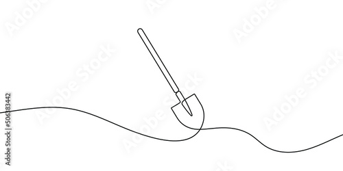 Continuous line drawing of shovel. Shovel linear icon. One line drawing background. Vector illustration. Shovel continuous line icon.