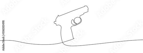 Continuous line drawing of gun. Pistol linear icon. One line drawing background. Vector illustration. Pistol continuous line icon.