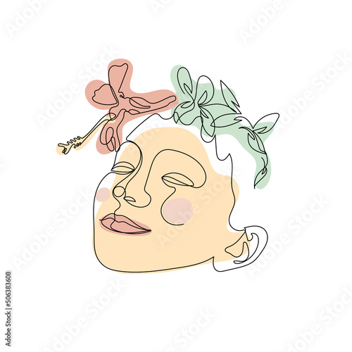 One single line drawing girl face with hibiscus flower and pastel neutral shapes. Abstract minimalist trendy line art.
