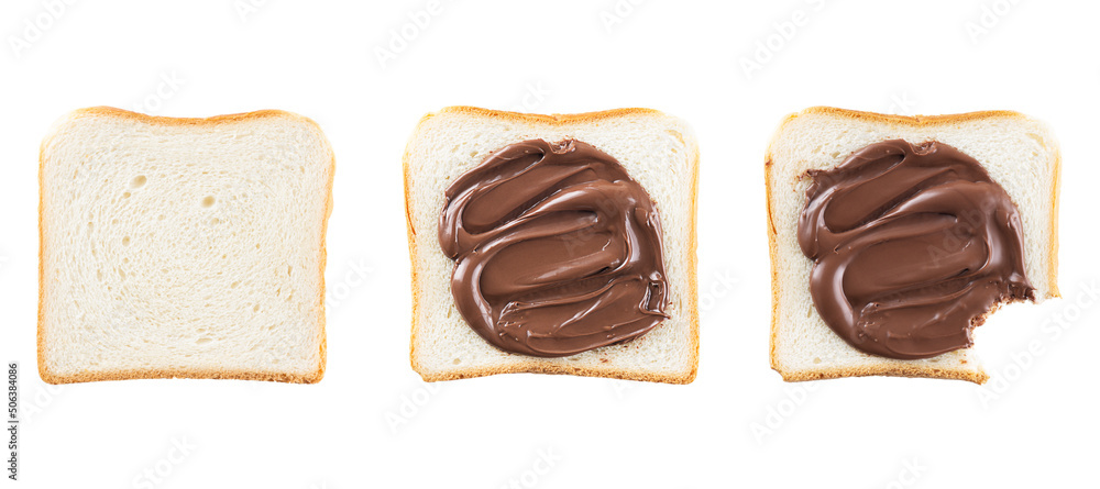 Slices of toast bread with chocolate hazelnut spread isolated on white.