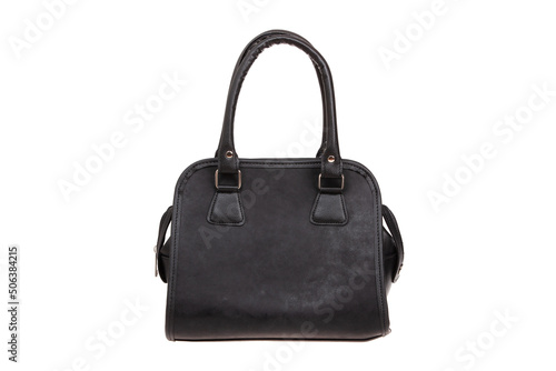 Black leather elegant women bag. Fashionable female handbag, isolated