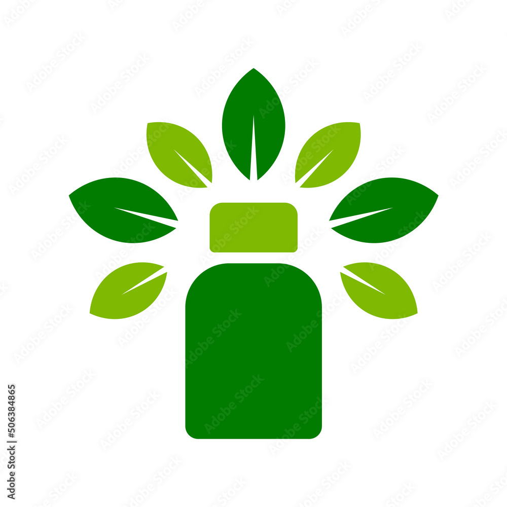 Nutritional supplement icon or logo. Green pill bottle surrounded with a leaves. Alternative natural herbal medicine. Homeopathy treatment. Phytotherapy concept. Vector illustration, flat, clip art. Nutritional supplement icon or logo. Green pill bottle surrounded with a leaves. Alternative natural herbal medicine. Homeopathy treatment. Phytotherapy concept. Vector illustration, flat, clip art.