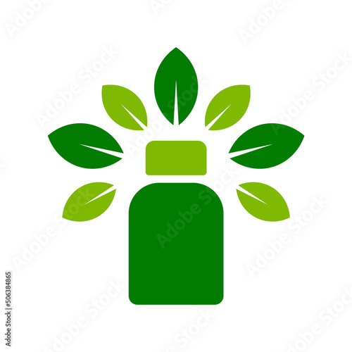 Nutritional supplement icon or logo. Green pill bottle surrounded with a leaves. Alternative natural herbal medicine. Homeopathy treatment. Phytotherapy concept. Vector illustration, flat, clip art. 