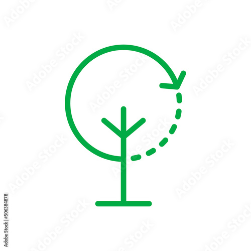 Reforestation line icon. Plant a tree concept. Circle arrow around a tree. Replanting forests idea. Woods recovery. Renewable resources. Sustainable lifestyle. Vector illustration, flat, clip art. 