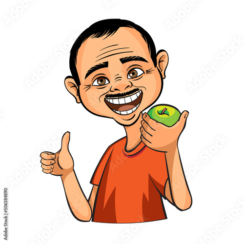 There's a middle-aged man standing there. He's eating an apple. A smile of good dental health. The concept of healthy teeth is a portrait of an energetic person. Vector illustration isolated white bac