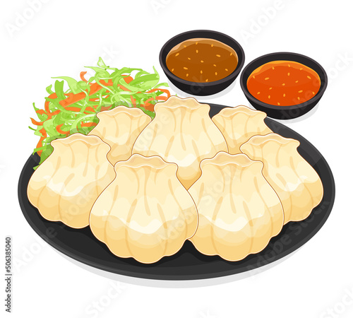Chinese dumplings dimsum in a bamboo steamer with sauce (Hakau, Ha kauw or Har gow) illustration vector.