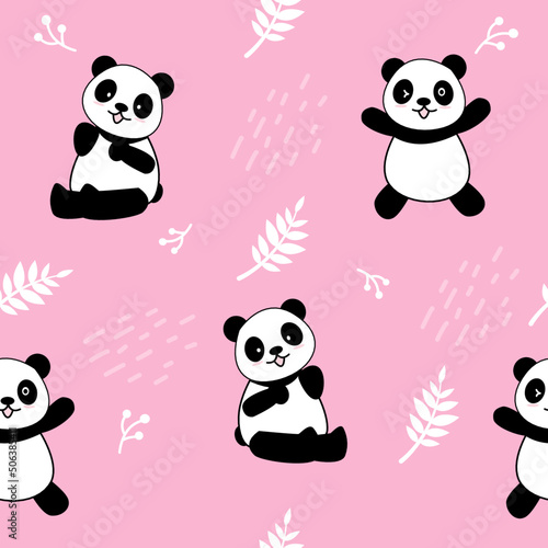 Fototapeta Naklejka Na Ścianę i Meble -  Cute Panda Seamless Pattern Background, Cartoon Panda Bears Vector illustration, Creative kids for fabric, wrapping, textile, wallpaper, apparel.