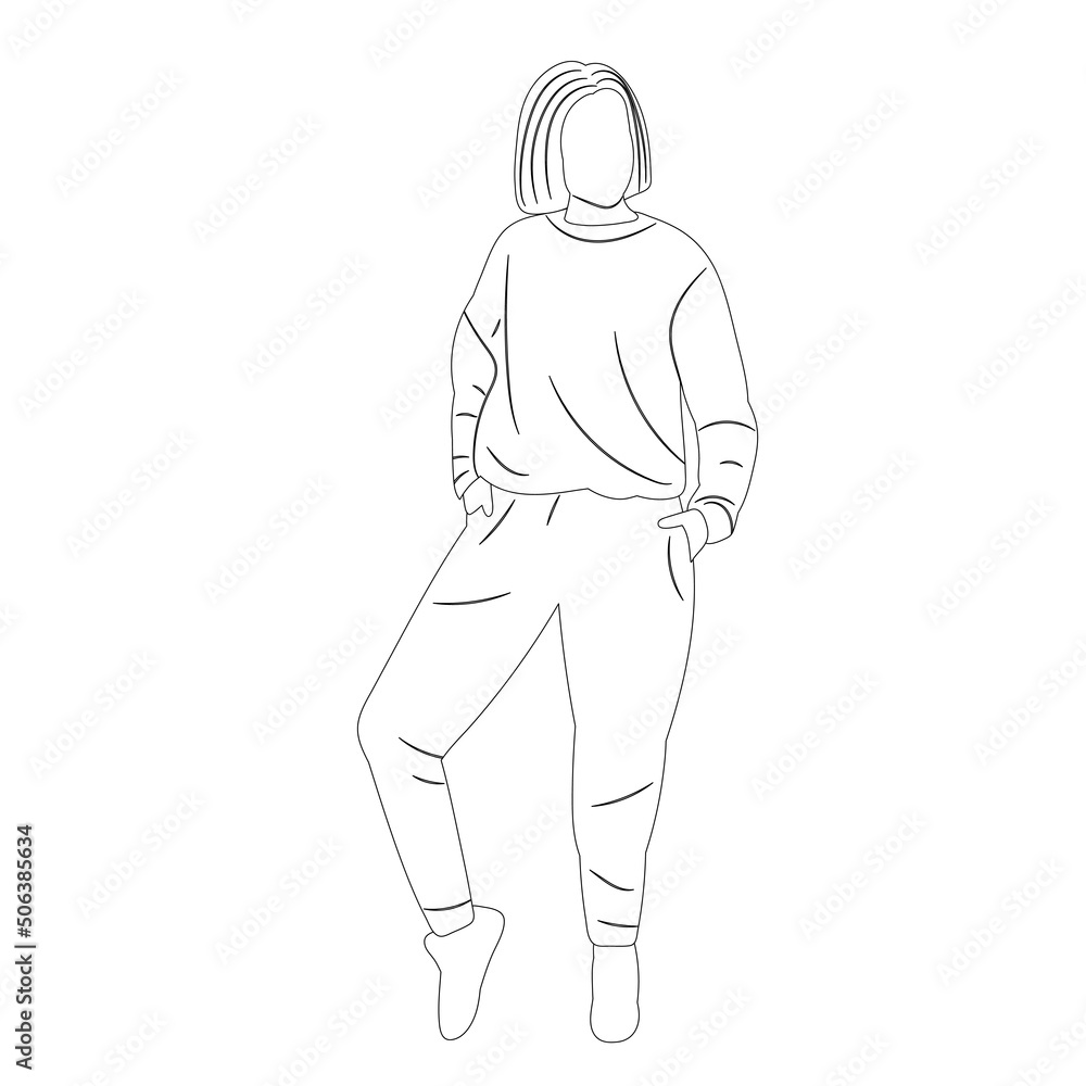 woman in tracksuit sketch, outline, isolated, vector