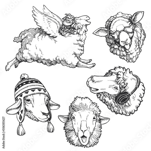 Vector set of illustrations with sheep with different emotions. Collection of sketches of portraits of funny animals. Cute characters for design of stickers and prints.