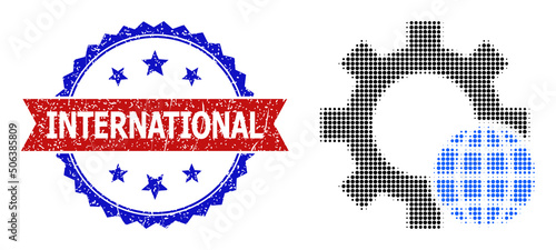 Halftone world settings icon, and bicolor rubber International watermark. Halftone world settings icon is made with small round dots. Vector watermark with scratched bicolored style,