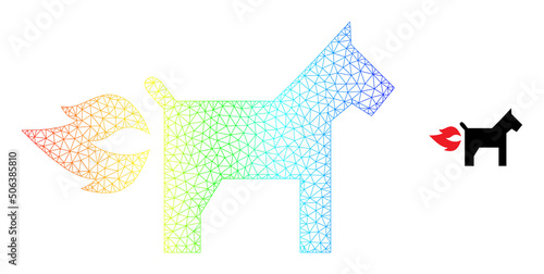 Spectrum colored mesh fire jet dog. Vector model is created from fire jet dog icon. Colored carcass mesh icon.