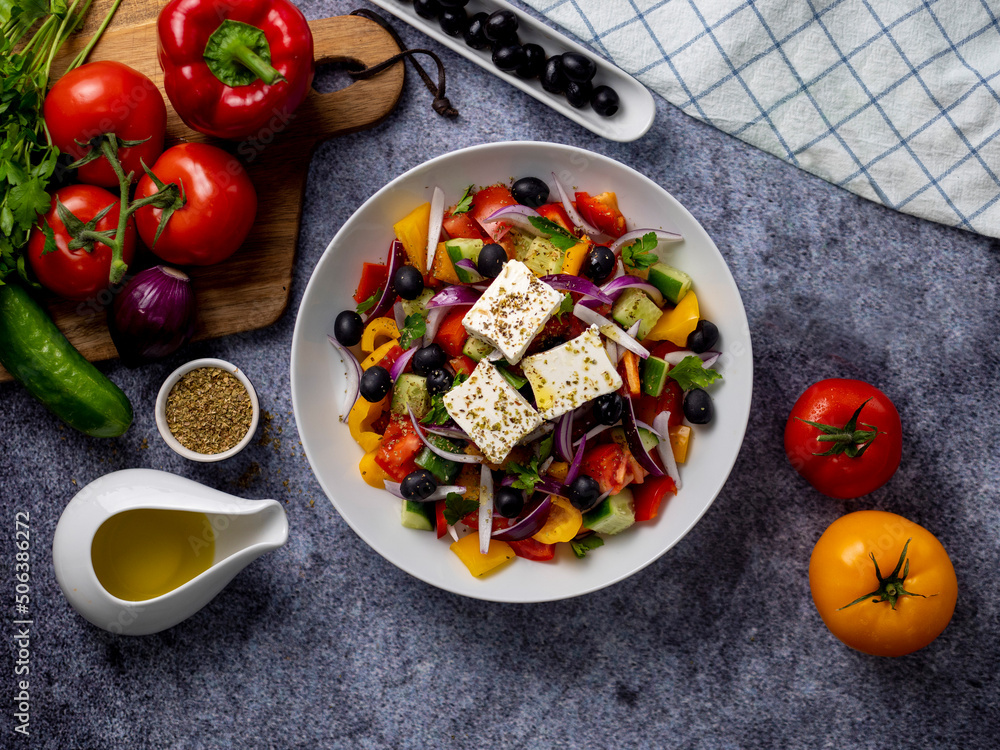salad greek rustic salad rom tomatoes sweet peppers cucumbers feta shallots and olives seasoned with olive oil salt black pepper oregano salad greek rustic salad rom tomatoes sweet peppers cucumbers feta shallots and olives seasoned with olive oil salt black pepper oregano