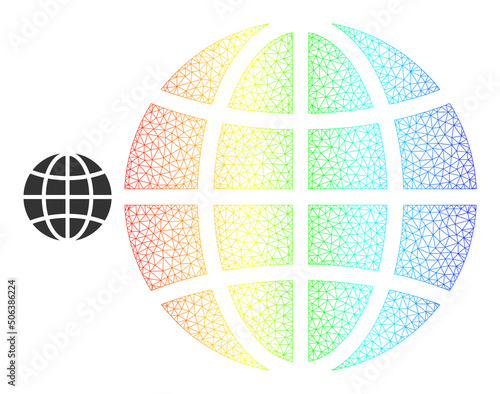 Rainbow vibrant mesh globe. Vector model is based on globe icon. Vibrant carcass mesh icon.