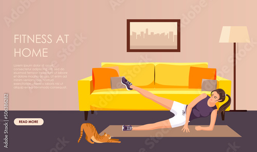 Beautiful happy long brown hair woman practice fitness, sport exercise home, room yellow sofa. Sporty healthy active girl pony tail, yoga mat lift leg look cute red cat stretching. Vector illustration