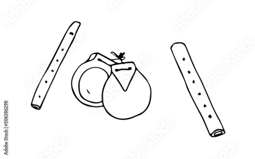 Spanish castanets and flutes. Objects, musical instruments. Black and white basic hand drawn cartoon style vector illustration.