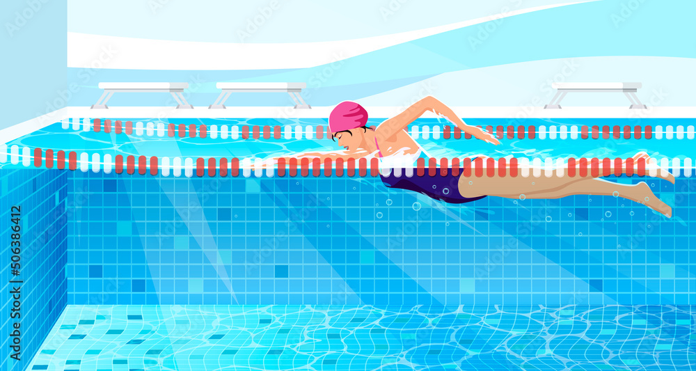 Active healthy strong young woman, girl swimmer swimming pool, glasses, sport swim suit water, finish, competition, training fitness club, gym, workout. Freestyle speed swimming. Vector illustration