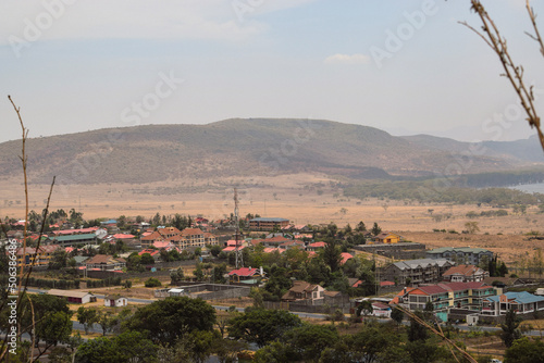 High angle view of Nakuru Town against the background of Lake Nakuru, Kenya