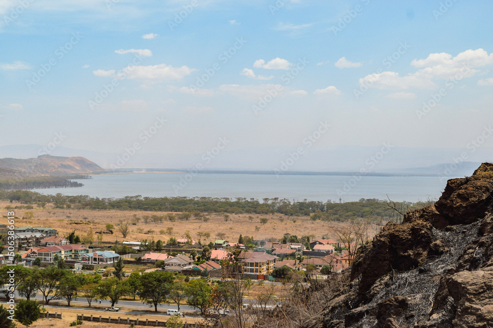High angle view of Nakuru Town against the background of Lake Nakuru, Kenya