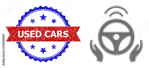 Halftone driverless car icon, and bicolor rubber Used Cars watermark. Halftone driverless car icon is constructed with small circle elements. Vector watermark with unclean bicolored style,
