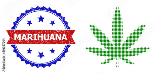Halftone cannabis leaf icon, and bicolor unclean Marihuana watermark. Halftone cannabis leaf icon is designed with small round dots. Vector seal with unclean bicolored style,