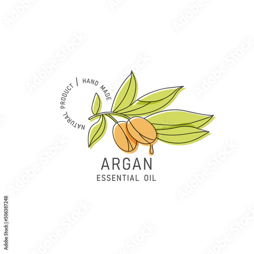 Vector packaging design element and icon in linear style - argan oil - healthy vegan food. Logo sign.