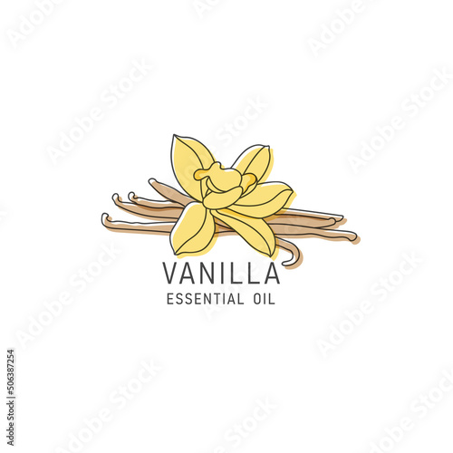 Vector packaging design element and icon in linear style - vanilla oil - healthy vegan food. Logo sign.