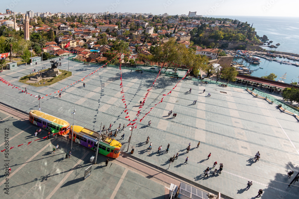 Fototapeta premium Aerial view of Antalya Cumhuriyet Square and old tram on a sunny day