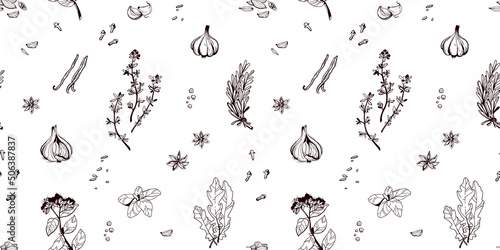Seamless vector pattern with herbs and spices for cooking. Ornament for menu design and kitchen items. Laconic hand-drawn linear illustration.