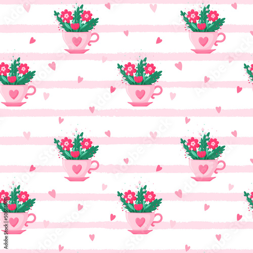 A bright seamless pattern of floral arrangement in a pink tea cup with a heart. A festive, cute, summer bouquet with simple flowers. Vector illustration. Flat cartoon style on white with pink stripes