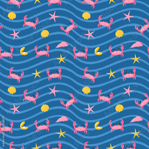 Seamless pattern with starfish, crabs, shells and pearls. Cute characters and elements. For summer, beach textiles and accessories. Vector illustration in a flat cartoon style on dark blue with waves