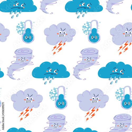 Vector hand drawn bad weather repeat pattern. Cute cloud with lightning and rain seamless pattern.