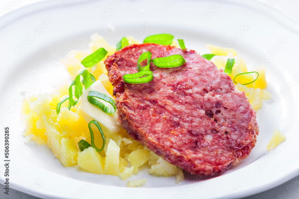 slice of meatloaf with potatoes and spring onion slice of meatloaf with potatoes and spring onion