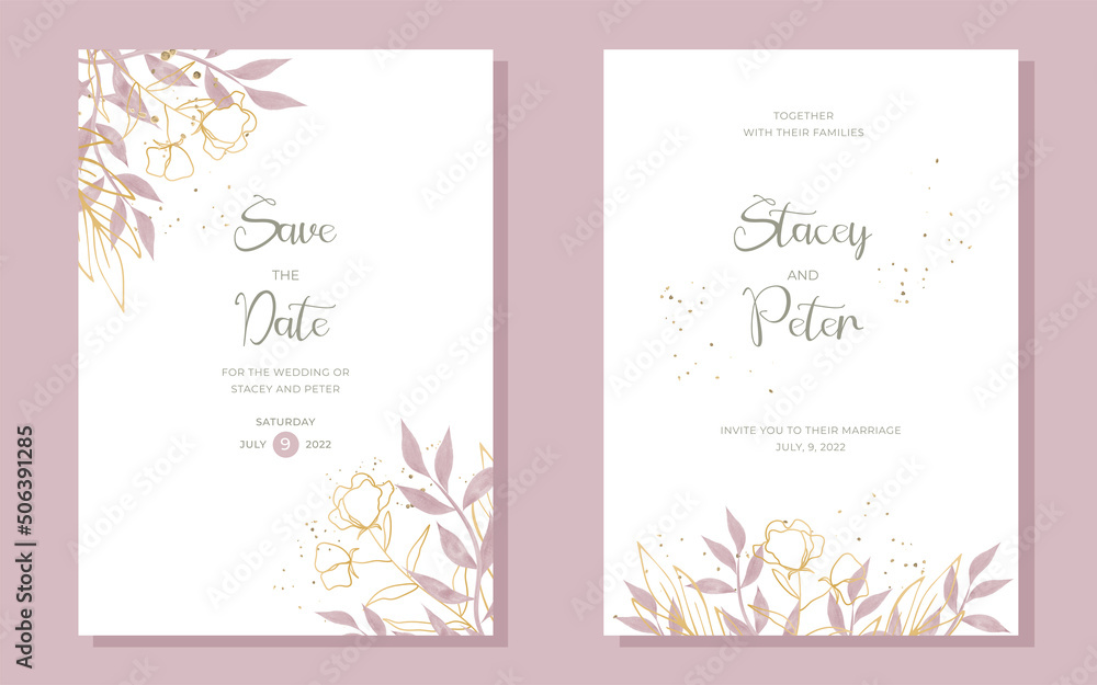 Set of cards with floral, leaves, watercolor. Wedding design invitation. Vector decorative background for card or invitation design.