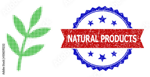 Halftone plant sprout icon, and bicolor grunge Natural Products stamp. Halftone plant sprout icon is generated with small round dots. Vector seal with grunge bicolored style,
