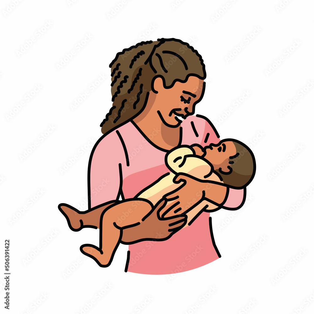 Cute african american mother with baby color line illustration Cute african american mother with baby color line illustration