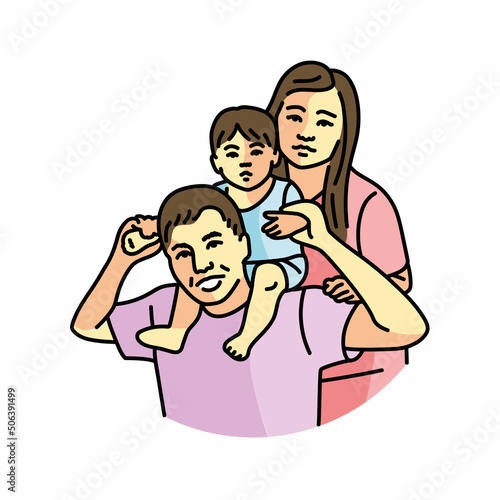 Asian couple with baby color line illustration