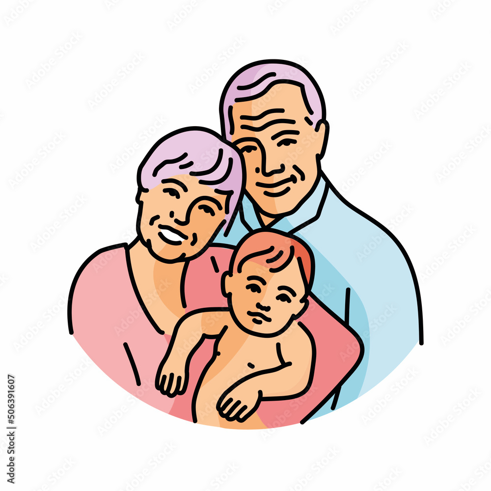 Grandparents with grandson color line illustration Grandparents with grandson color line illustration